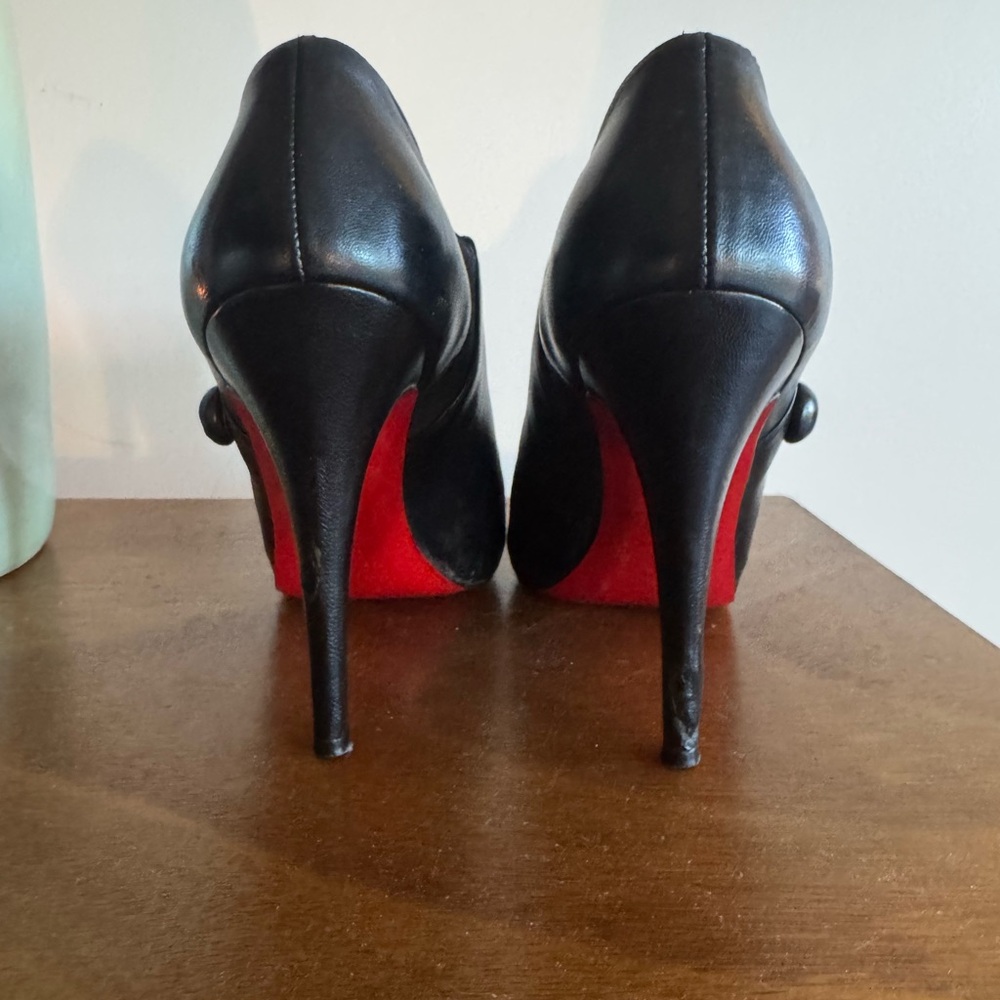 Christian Louboutin Black Leather Button-Accent Women's High Heel Booties